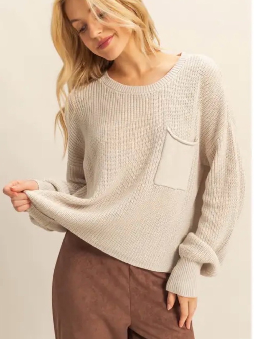 NWT ANARABESS Relaxed Crewneck Pocket Sweater in Light Beige